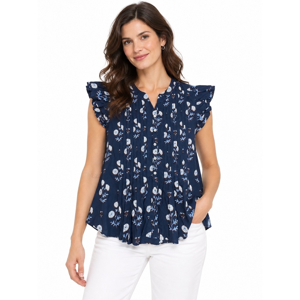 Printfresh Navy Floral Organic Cotton Flutter Sleeve Pintuck Top Large NWT